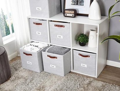 DECOMOMO Storage Baskets, 13x15x13 Storage Cube Bins with Labels for Organizing Shelves (Kallax / 4pcs, Light Grey)