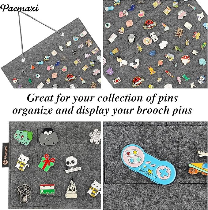 PACMAXI Hanging Brooch Pin Organizer, Display Pins Storage Case, Brooch Collection Storage Holder, Holds Up to 96 Pins.(Not Include Any Accessories) (M-170 Slots, Light Grey, Medium)