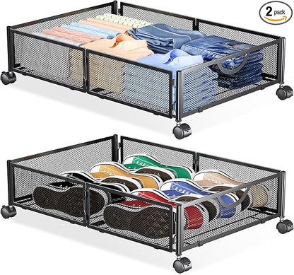 Yecaye Under Bed Storage with Wheels, 2 Pack Under Bed Shoe Storage Organizer Drawer, Tool-free Assembly Metal Underbed Storage Containers for Clothes, Shoes, Toys, Black
