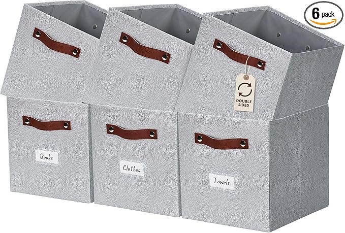 DECOMOMO Storage Bins, Cube Storage Bin with Labels, Fabric Storage Cubes for Shelves (11" / 6pcs, Light Texture Grey)