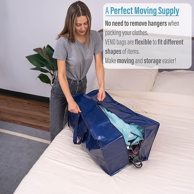 VENO 8 Pack Heavy-Duty Moving Bundle (4 Pack Extra-Large Moving Bag w/Backpack Straps + 4 Pack Over-Sized Clear Organizer Storage Bag)