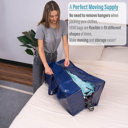VENO 8 Pack Heavy-Duty Moving Bundle (4 Pack Extra-Large Moving Bag w/Backpack Straps + 4 Pack Over-Sized Clear Organizer Storage Bag)