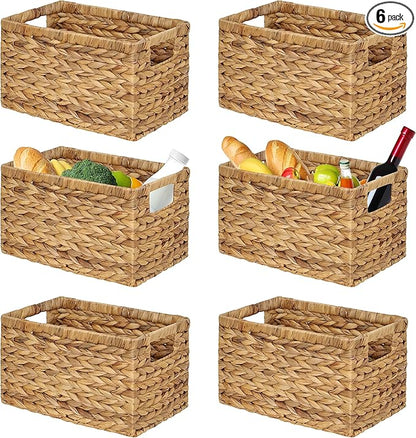 BARIEN Set of 6 Natural Water Hyacinth Woven Storage Baskets 12.6” x 8” x 7”, Rectangular Wicker Basket with Built-in Handles, Medium (Natural - Set of 6)