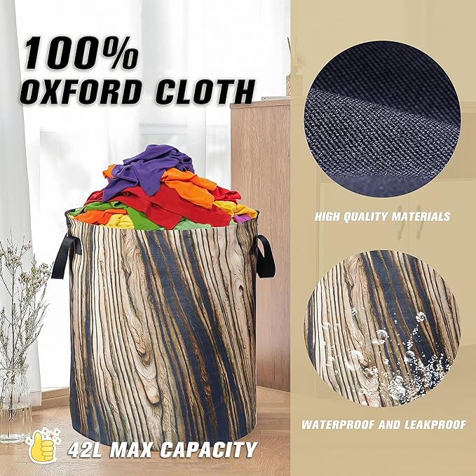 Wood Grain Laundry Basket Tree Stump Texture Foldable Oxford Cloth Funny Tote Bag Laundry Hamper Clothes Storage Bucket Organizer For Bathroom/Laundry Storage/Bedroom 17.7x13.7 Inch
