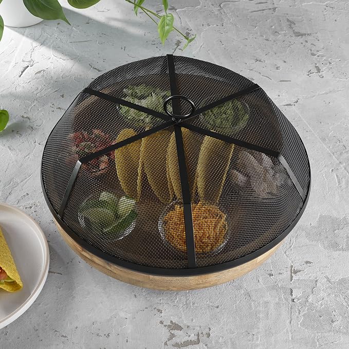 Gourmet Basics by Mikasa Mango Wood Lazy Susan with Iron Mesh Food Dome Cover, 14.5 Inch