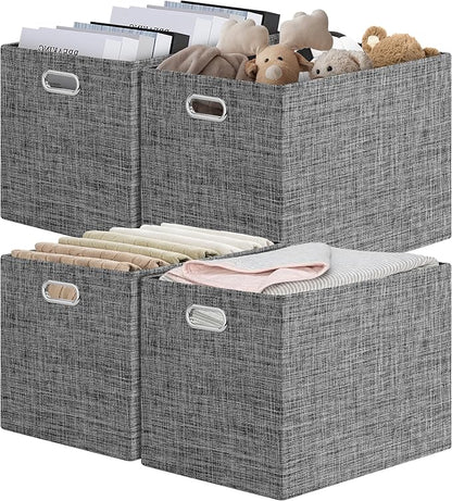 Posprica 15.12"x12.13"x12.01" Storage Cube Bins, Linen Decorative Closet Storage Organizer for IKEA Kallax, 4 Pack Fabric Foldable Large Storage Baskets for Closet, Shelves, Clothes, Toy (Black)