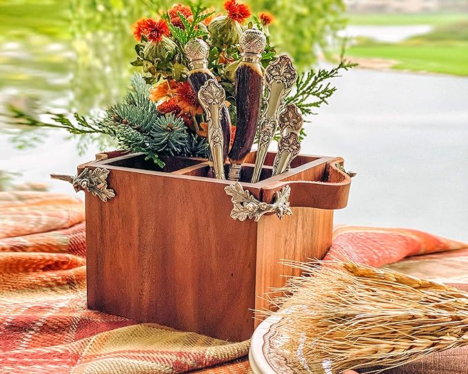 Vagabond House Caddy Rectangle Acacia Wood Flatware/Serve ware/Utensil/Carry-All Holder with Solid Pewter Rustic Elk Accent Real Leather Handles, 3 Small and 1 Larger Compartment 13 inch Long