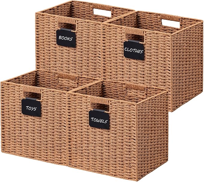 UBBCARE 4 Pack Wicker Basket, 12×12 Storage Cubes with Label, Foldable Cube Storage Bin with Handle, Square Storage Basket for Shelves, Woven Paper Rope Basket for Organizing, Caramel