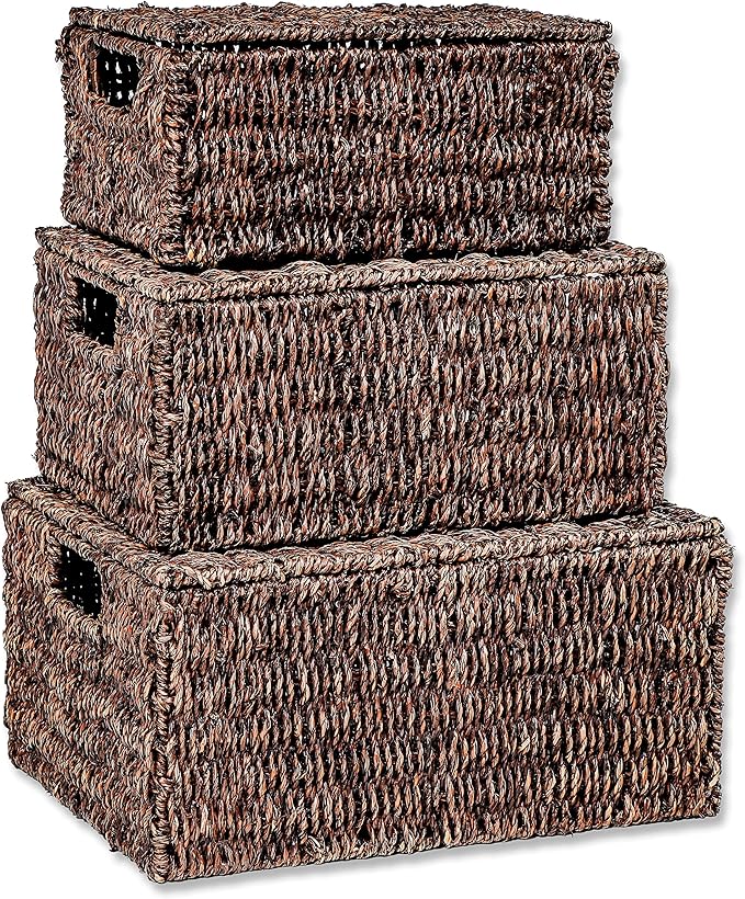 Trademark Innovations Set of 3 Rectangular Seagrass Baskets with Lids, Brown (Small)