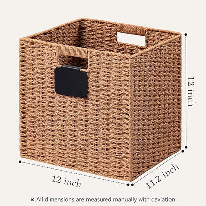 UBBCARE 2 Pack Wicker Basket, 12×12 Storage Cubes with Label, Foldable Cube Storage Bin with Handle, Square Storage Basket for Shelves, Woven Paper Rope Basket for Organizing, Caramel