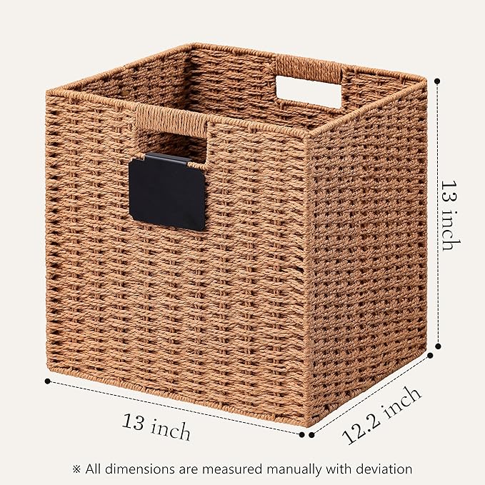 UBBCARE 2 Pack Wicker Basket, 13×13 Storage Cubes with Label, Foldable Cube Storage Bin with Handle, Square Storage Basket for Shelves, Woven Paper Rope Basket for Organizing, Caramel