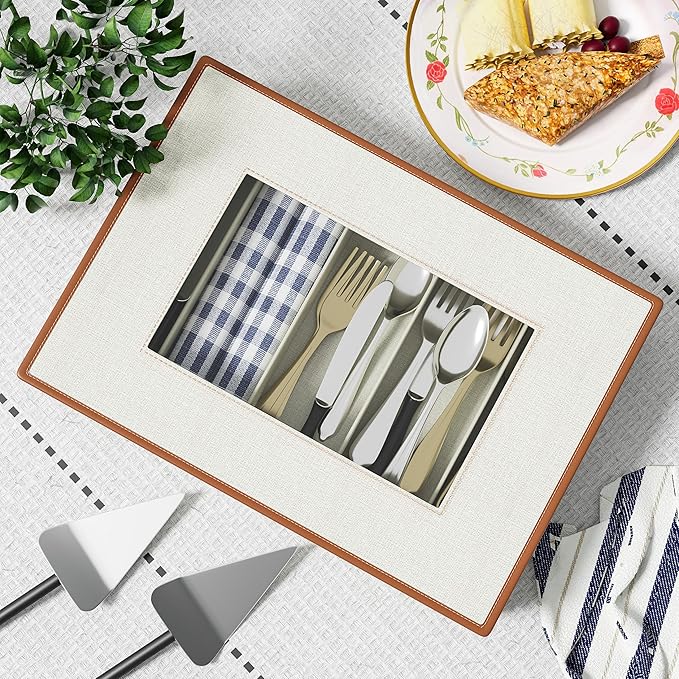 Aokeyee 2-Pack Silverware Storage Box, Sturdy Flatware Organizer with 5 Compartments & Adjustable Dividers, Utensil Case with Clear Lid & Handle for Knives, Forks & Spoons, Ivory