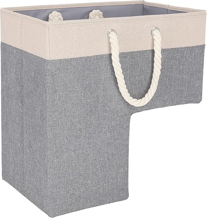 SAM AND MABEL Stairway Storage Basket, Premium Linen Material, Lightweight and Sturdy, Foldable, 16"L x 10"W x 16"H, Lite Cream and Gray