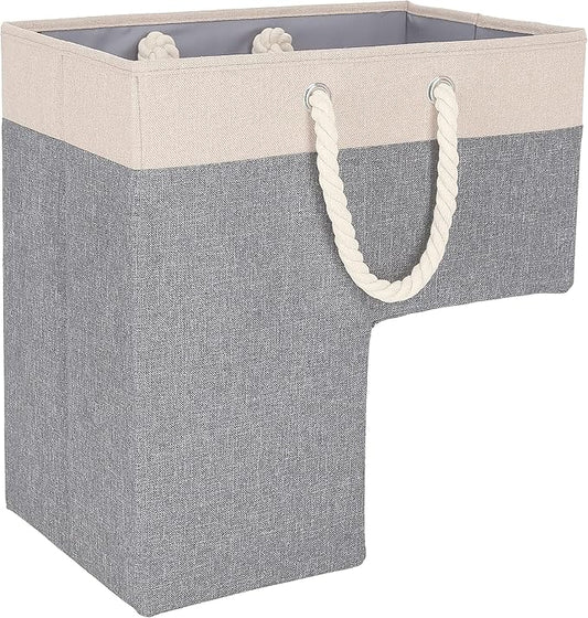 SAM AND MABEL Stairway Storage Basket, Premium Linen Material, Lightweight and Sturdy, Foldable, 16"L x 10"W x 16"H, Lite Cream and Gray