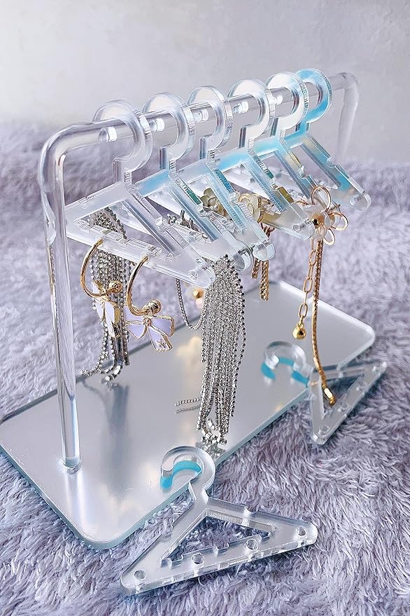Earring Hanger Rack with 8 Mini Coat Hangers, Acrylic Earring Holder Display Stand, Ear Studs Hanging Earrings Organizer For Women Girls, Silver
