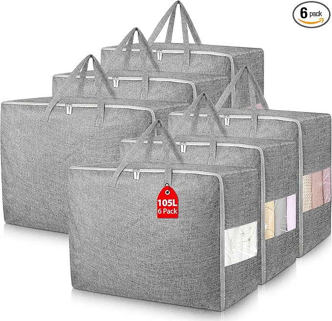 105L Extra Large Storage Bags, Folding Moving Comforter Blanket Storage Bags Closet Organizers and Storage Containers for Clothes with Strong Handles&Zippers Clear Window for Bedding Pillow Grey 6Pack