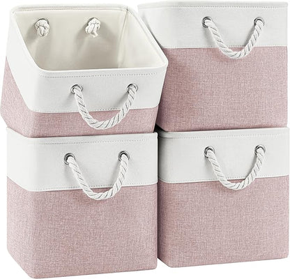 Patvingot 11 Inch Cube Storage Bins, 4 Pack Fabric Storage Cubes with Rope Handles, Organizer Baskets for Closet Shelves, Clothes and Home Organization(White/Pink)