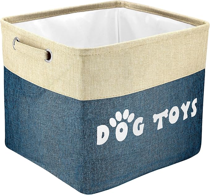 PET ARTIST Dog Toy Basket, Collapsible Dog Toy Bin Box with Comfortable Handles, Large Pet Toy Storage Basket Organizer for Accessories, Toys,Coat & Clothing,Blanket Leash (Navy Blue, L:15"x13"x12")