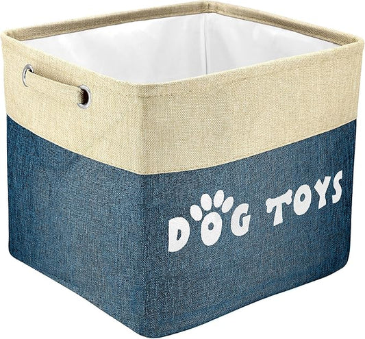 PET ARTIST Dog Toy Basket, Collapsible Dog Toy Bin Box with Comfortable Handles, Large Pet Toy Storage Basket Organizer for Accessories, Toys,Coat & Clothing,Blanket Leash (Navy Blue, L:15"x13"x12")