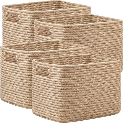 UBBCARE 4 Pack Storage Baskets for Organizing, Shelf Baskets with Handles, Woven Storage Baskets for Bookcase/Cube Shelf/Closet, 14.5"L x 9.8"W x 9"H, Brown