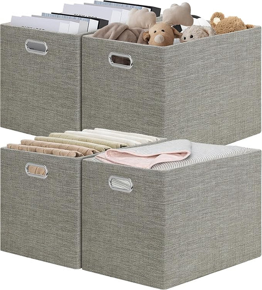 Posprica 15.12"x12.13"x12.01" Storage Cube Bins, Linen Decorative Closet Storage Organizer for IKEA Kallax, 4 Pack Fabric Foldable Large Storage Baskets for Closet, Shelves, Clothes, Toy -Coffee