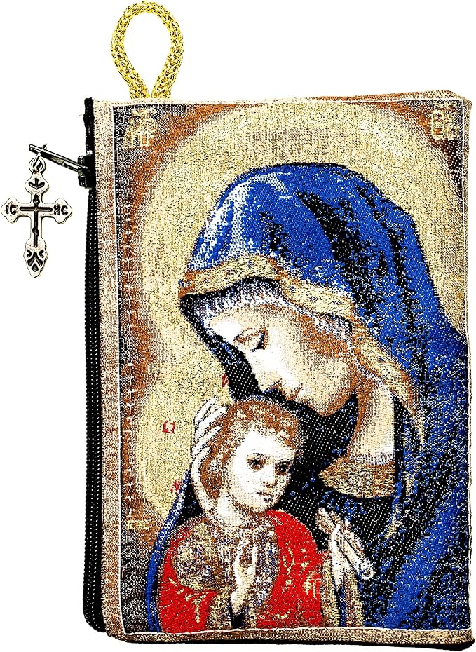 Intercession Hand-Woven, Lined Madonna and Child Rosary Pouch, Made in Turkey with Premium Metallic Thread (Red - Small)
