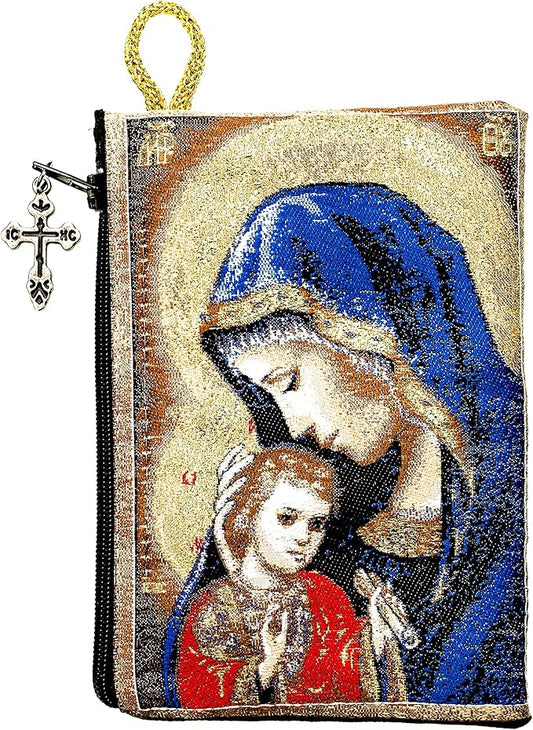 Intercession Hand-Woven, Lined Madonna and Child Rosary Pouch, Made in Turkey with Premium Metallic Thread (Red - Small)