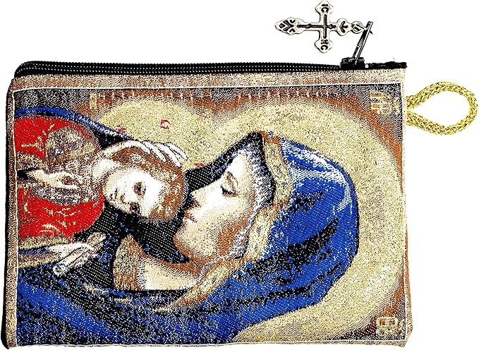 Intercession Hand-Woven, Lined Madonna and Child Rosary Pouch, Made in Turkey with Premium Metallic Thread (Red - Small)