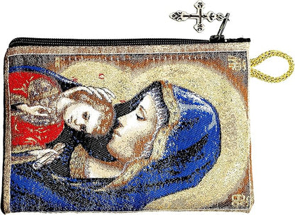 Intercession Hand-Woven, Lined Madonna and Child Rosary Pouch, Made in Turkey with Premium Metallic Thread (Red - Small)