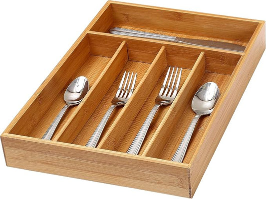 YBM HOME Pack of 6 Bamboo Cutlery Tray Flatware Silverware Drawer Organizer with 5 Compartments, 338