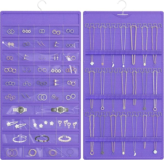 Hanging Jewelry Organizer Storage Roll, Double-Sided Necklaces Holder, 42 Pockets Plus 36 hooks Earrings Organizer Hang in Closet, On Wall, or Doors, Purple