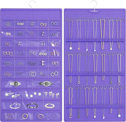 Hanging Jewelry Organizer Storage Roll, Double-Sided Necklaces Holder, 42 Pockets Plus 36 hooks Earrings Organizer Hang in Closet, On Wall, or Doors, Purple