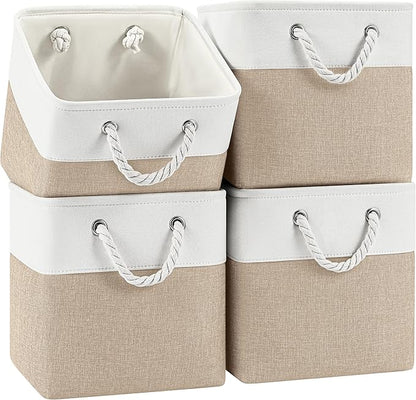 Patvingot 11 Inch Cube Storage Bins, 4 Pack Fabric Storage Cubes with Rope Handles, Organizer Baskets for Closet Shelves, Clothes and Home Organization(White/Khaki)