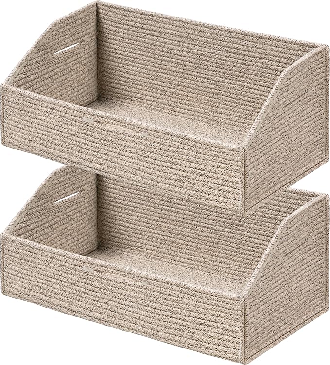 UBBCARE Closet Storage Bins 2 Pack, Cotton Rope Clothes Storage Bins & Sturdy Basket, 19" X 11" X 7" Shelf Baskets for Organizing, Light Brown
