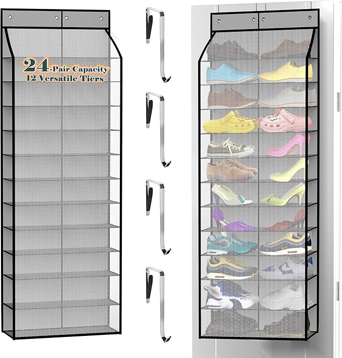 Kotkn 24-Pair Over Door Shoe Organizer for Family & Kids, Double Sided | Hanging Storage for Sneakers, Boots, Toys & Room Organization-Graphite Gray