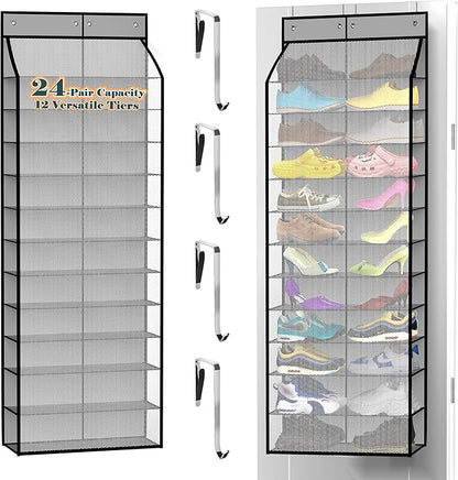 Kotkn 24-Pair Over Door Shoe Organizer for Family & Kids, Double Sided | Hanging Storage for Sneakers, Boots, Toys & Room Organization-Graphite Gray