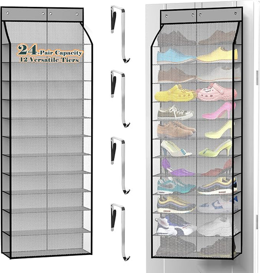 Kotkn 24-Pair Over Door Shoe Organizer for Family & Kids, Double Sided | Hanging Storage for Sneakers, Boots, Toys & Room Organization-Graphite Gray