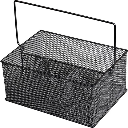 YBM HOME Mesh Basket Utensil Holder & Picnic Silverware Caddy Organizer with Four Compartments and Napkin Storage, Black