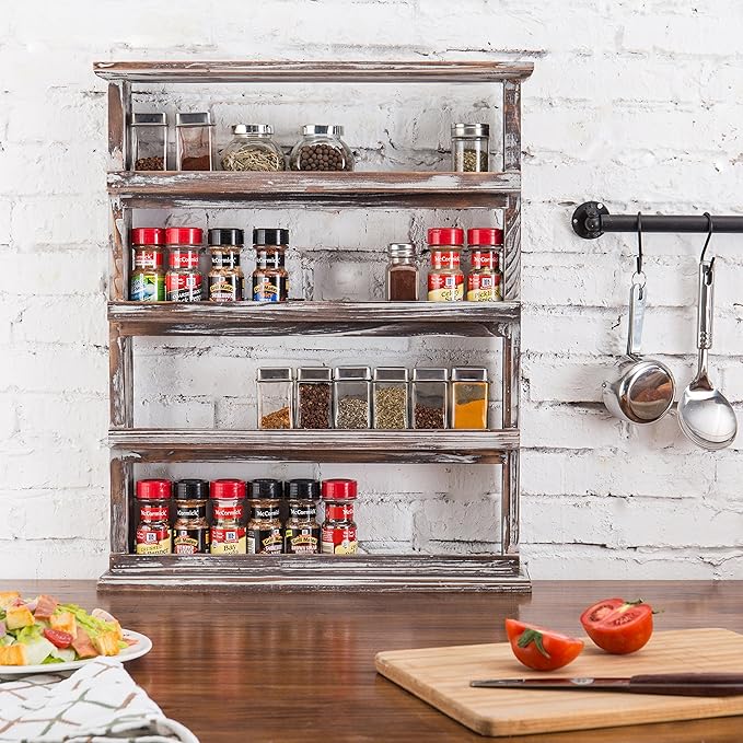MyGift Wooden Spice Rack Wall Mount, Hanging 4 Tier Seasoning Jar Shelf Organizer, Condiment Storage for Kitchen, Pantry, Large Spice Organization, Vintage Rustic Torched