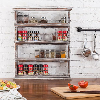 MyGift Wooden Spice Rack Wall Mount, Hanging 4 Tier Seasoning Jar Shelf Organizer, Condiment Storage for Kitchen, Pantry, Large Spice Organization, Vintage Rustic Torched