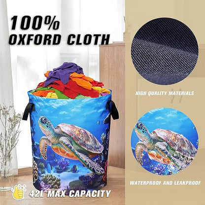 Sea Turtle Laundry Basket Animal Foldable Oxford Cloth Funny Tote Bag Laundry Hamper Clothes Storage Bucket Organizer For Bathroom/Laundry Storage/Bedroom 17.7x13.7 Inch
