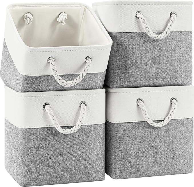 Patvingot 11 Inch Cube Storage Bins, 4 Pack Fabric Storage Cubes with Rope Handles, Organizer Baskets for Closet Shelves, Clothes and Home Organization(White/Gray)