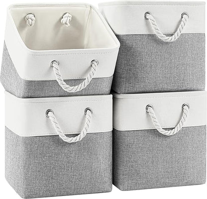 Patvingot 11 Inch Cube Storage Bins, 4 Pack Fabric Storage Cubes with Rope Handles, Organizer Baskets for Closet Shelves, Clothes and Home Organization(White/Gray)