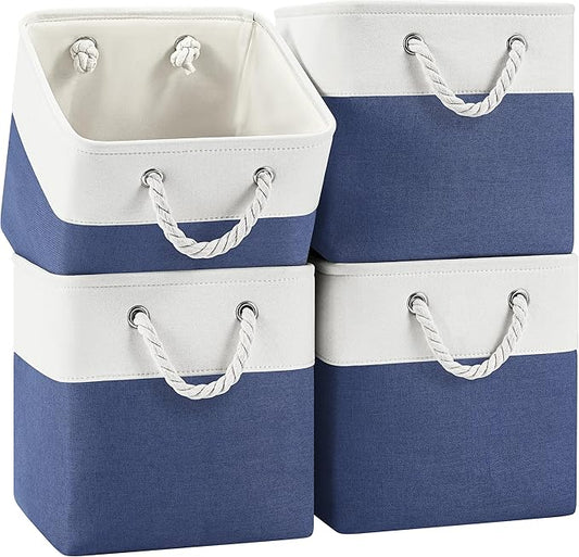 Patvingot 11 Inch Cube Storage Bins, 4 Pack Fabric Storage Cubes with Rope Handles, Organizer Baskets for Closet Shelves, Clothes and Home Organization(White/Blue)