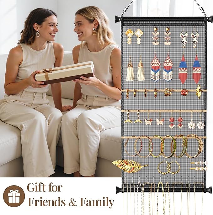 Mesh Earring and Necklace Holder Wall Hanging with Wooden Rods and Hooks, Jewelry Display