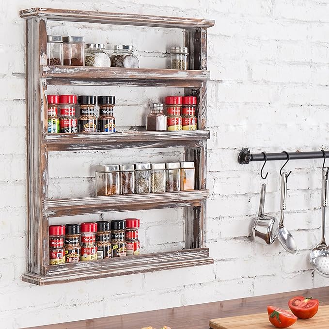 MyGift Wooden Spice Rack Wall Mount, Hanging 4 Tier Seasoning Jar Shelf Organizer, Condiment Storage for Kitchen, Pantry, Large Spice Organization, Vintage Rustic Torched