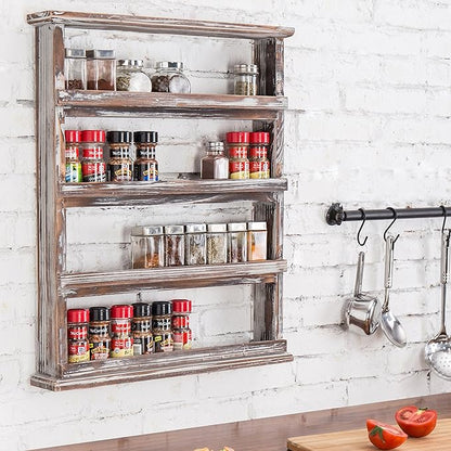 MyGift Wooden Spice Rack Wall Mount, Hanging 4 Tier Seasoning Jar Shelf Organizer, Condiment Storage for Kitchen, Pantry, Large Spice Organization, Vintage Rustic Torched
