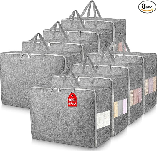 105L Extra Large Storage Bags, Folding Moving Comforter Blanket Storage Bags Closet Organizers and Storage Containers for Clothes with Strong Handles&Zippers Clear Window for Bedding Pillow Grey 8Pack