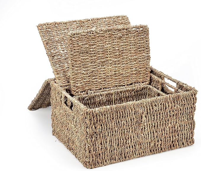 Trademark Innovations Set of 3 Rectangular Seagrass Baskets with Lids, Natural (Small)