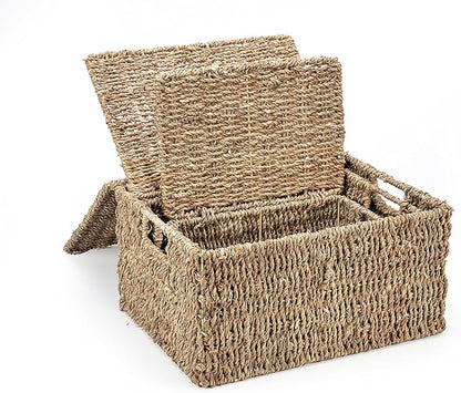 Trademark Innovations Set of 3 Rectangular Seagrass Baskets with Lids, Natural (Small)